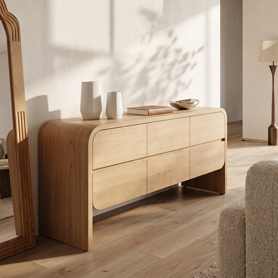 Modern buffet table in oak veneer with elegant wooden finish for stylish dining room storage