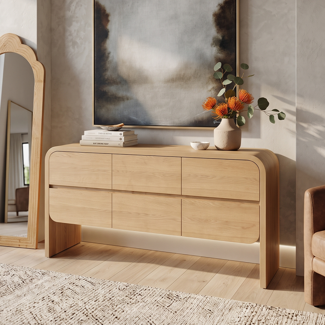 Modern buffet table in oak veneer with elegant wooden finish for stylish dining room storage
