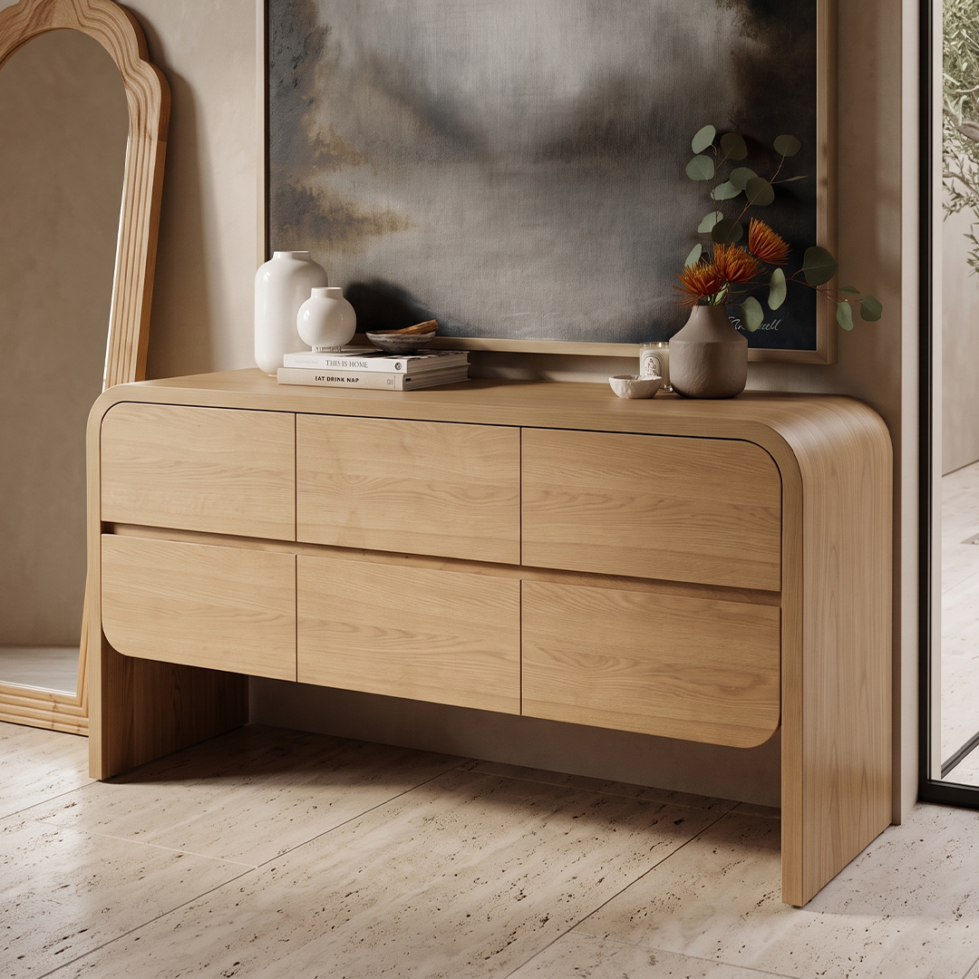 Modern buffet table in oak veneer with elegant wooden finish for stylish dining room storage