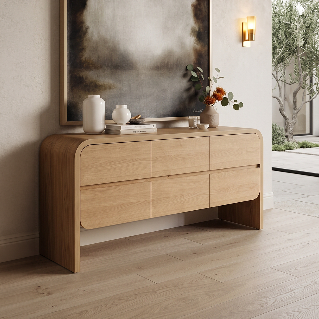 Modern buffet table in oak veneer with elegant wooden finish for stylish dining room storage
