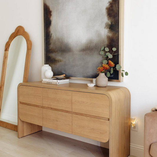 Modern buffet table in oak veneer with elegant wooden finish for stylish dining room storage