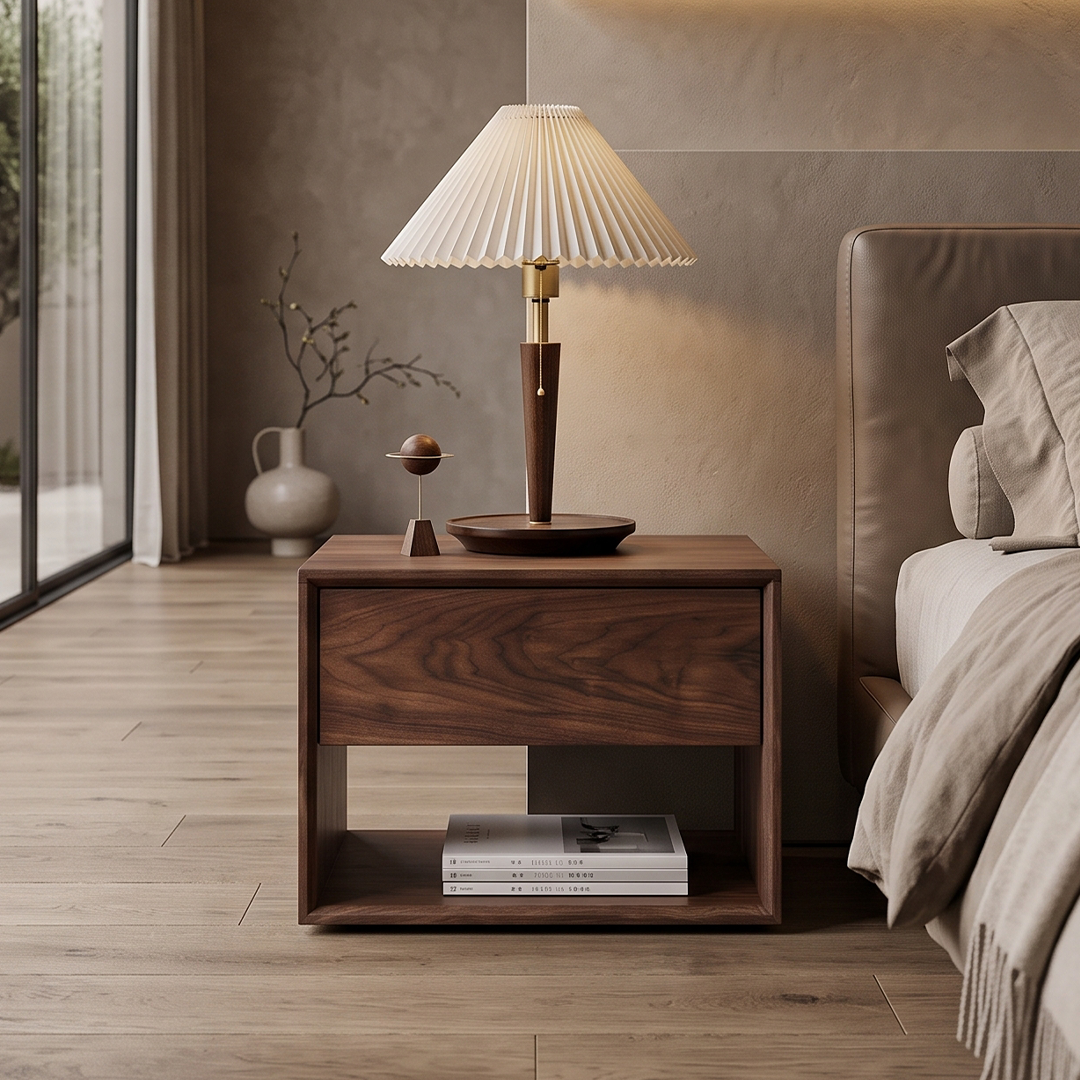 Modern commode in walnut veneer with elegant wooden finish for bedroom storage