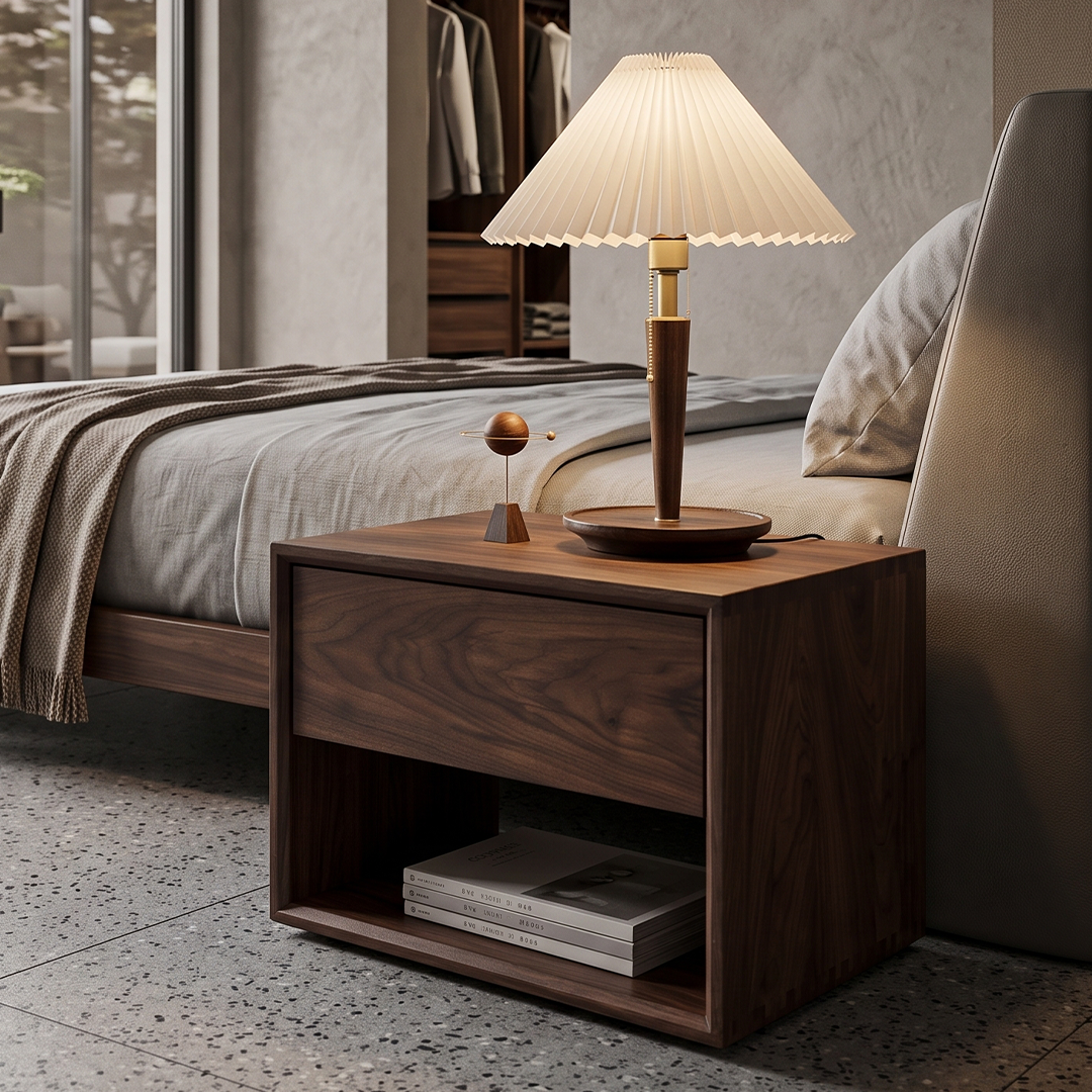 Modern commode in walnut veneer with elegant wooden finish for bedroom storage
