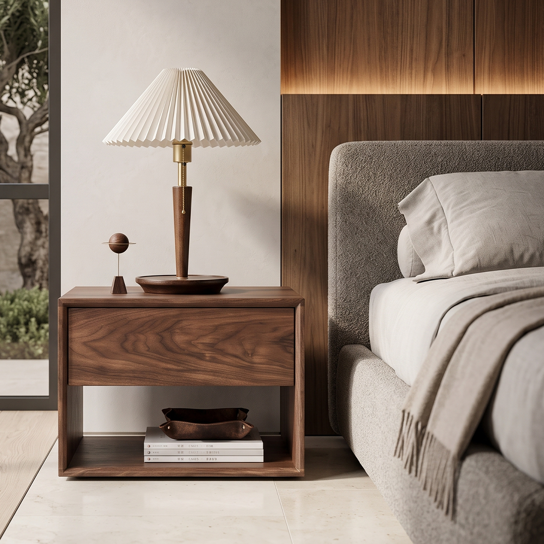 Modern commode in walnut veneer with elegant wooden finish for bedroom storage