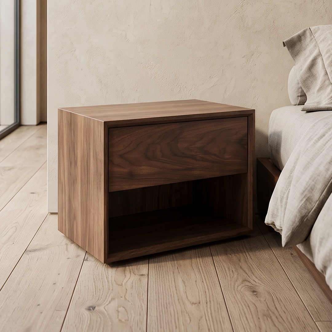 Modern commode in walnut veneer with elegant wooden finish for bedroom storage