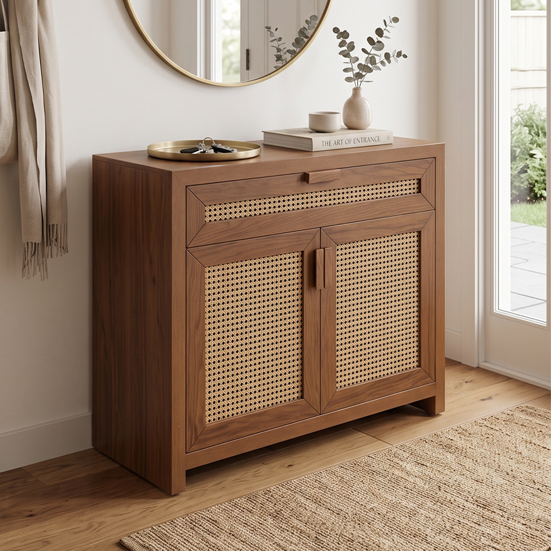 Kanya Shoe Cabinet – Elegant wooden shoe cabinet by Wood One for modern entryways.