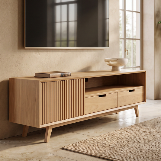 A light natural wood TV stand or media console with slatted cabinet doors, two drawers, and open shelving, shown in a styled living room setting with a wall-mounted TV, bowl, and rug.
